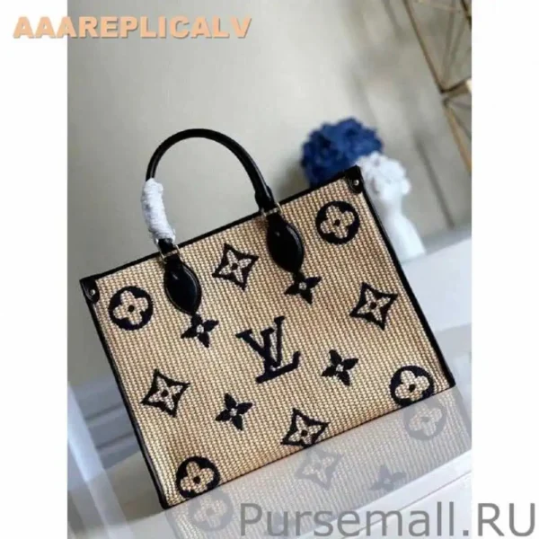 AAA Replica Louis Vuitton OnTheGo MM Bag In Raffia With Blue M57723