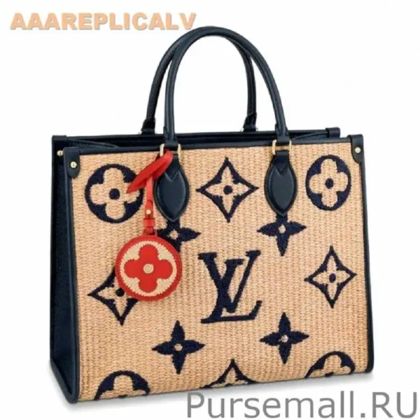 AAA Replica Louis Vuitton OnTheGo MM Bag In Raffia With Blue M57723